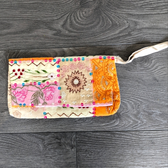 Boho Patchwork Embroidered Fabric Clutch Sequins Orange Pink Cream - Picture 1 of 6